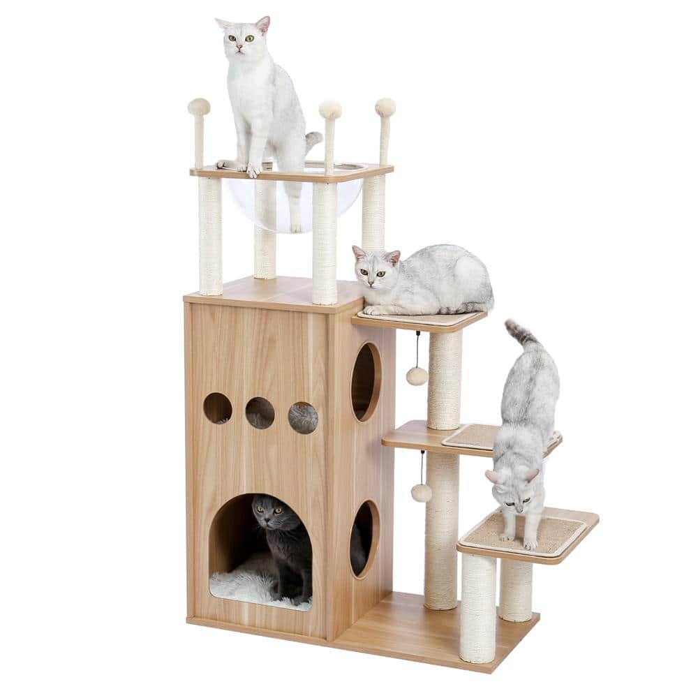 Foobrues 51.20 in. H Pet Cat Scratching Posts and Trees MDF Cat Tower with Fully Sisal Covering Scratching Posts in Beige LNN-P23168182