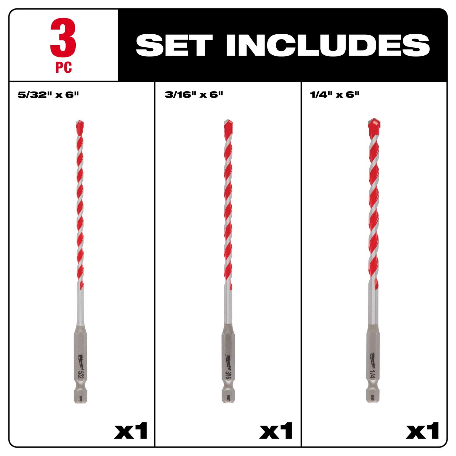 MW Shockwave 6 in. L Carbide Hammer Drill Bit Set 3 pc