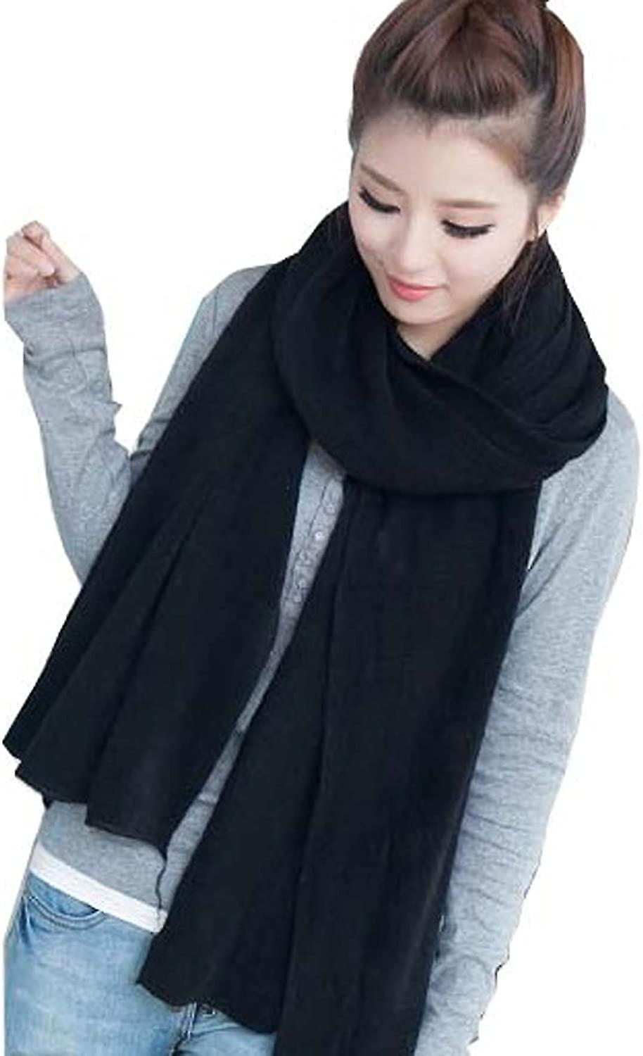 Women's Warm Long Shawl Winter Warm Large Scarf Pure Color Black -