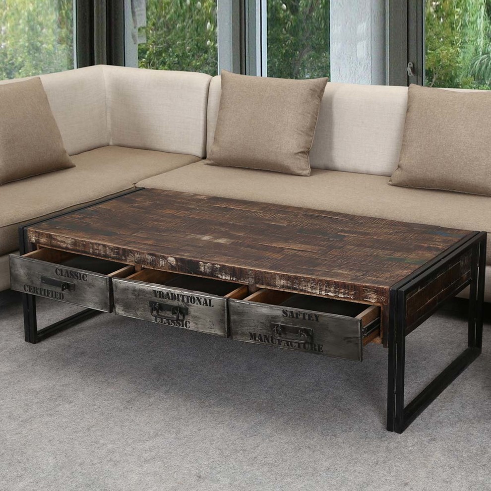 Philadelphia Rustic Mango Wood 3 Drawer Industrial Coffee Table   Industrial   Coffee Tables   by Sierra Living Concepts Inc  Houzz