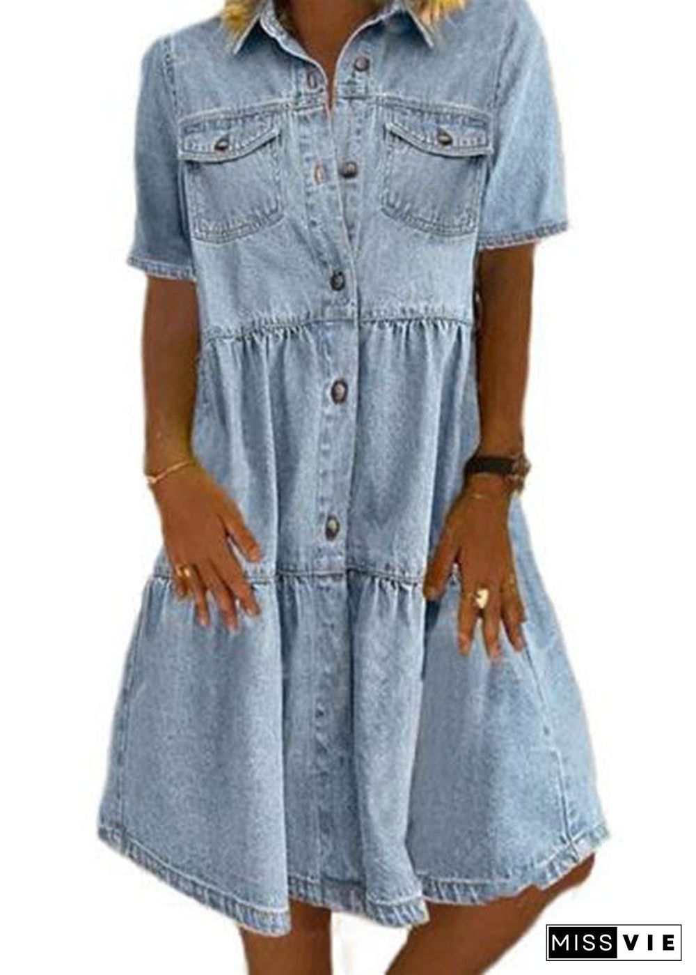 Style Light Blue Peter Pan Collar Wrinkled Patchwork Denim Mid Dress Summer