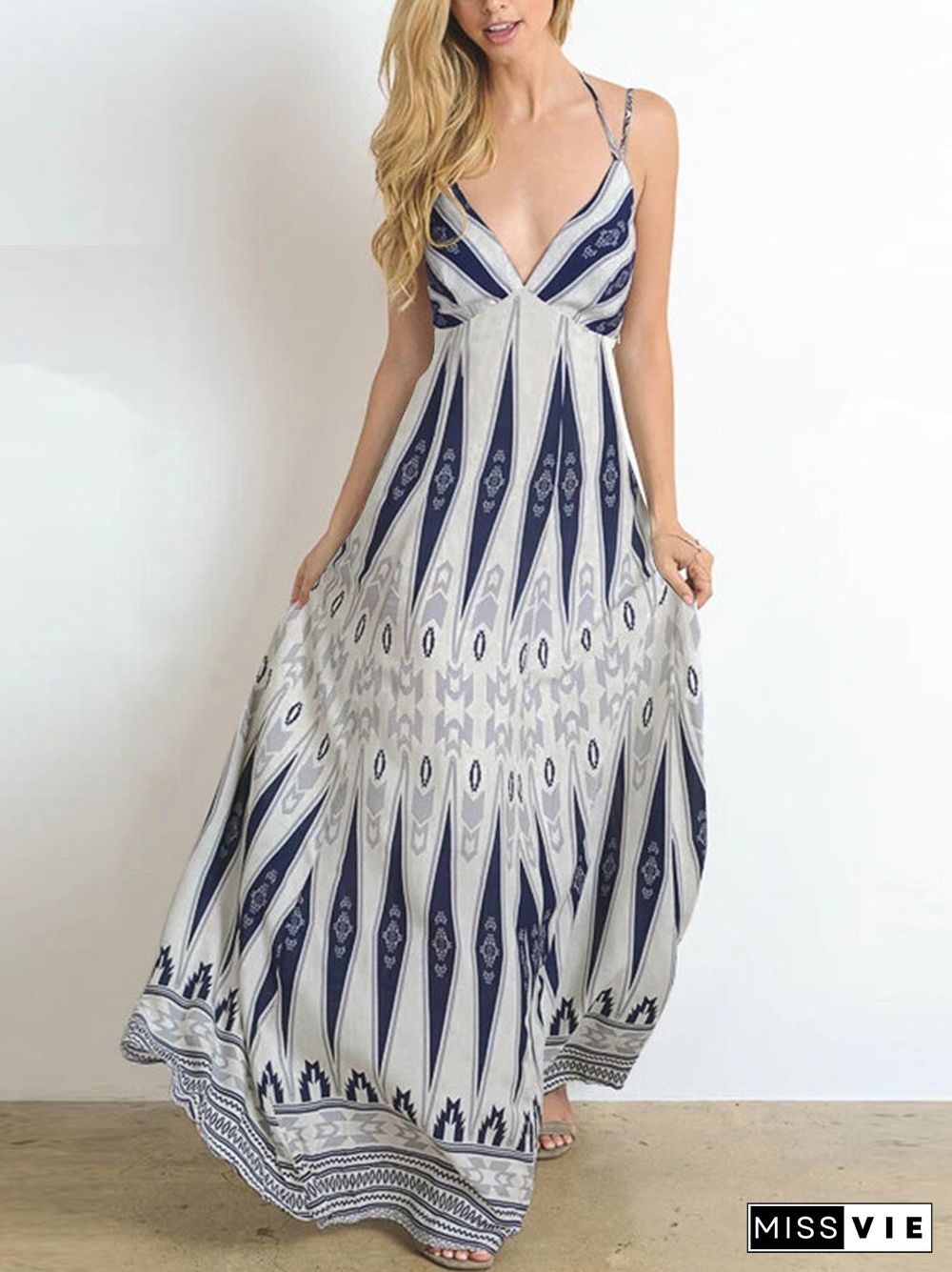 Tribal Geo Print Tie Spaghetti Strap Open Back Maxi Dress