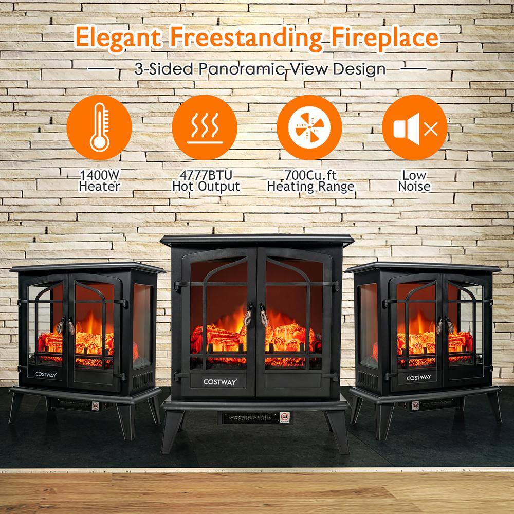 Costway 25 in. Freestanding Iron Electric Fireplace Heater Stove with Realistic Flame effect 1400-Watt in Black FP10059US-BK