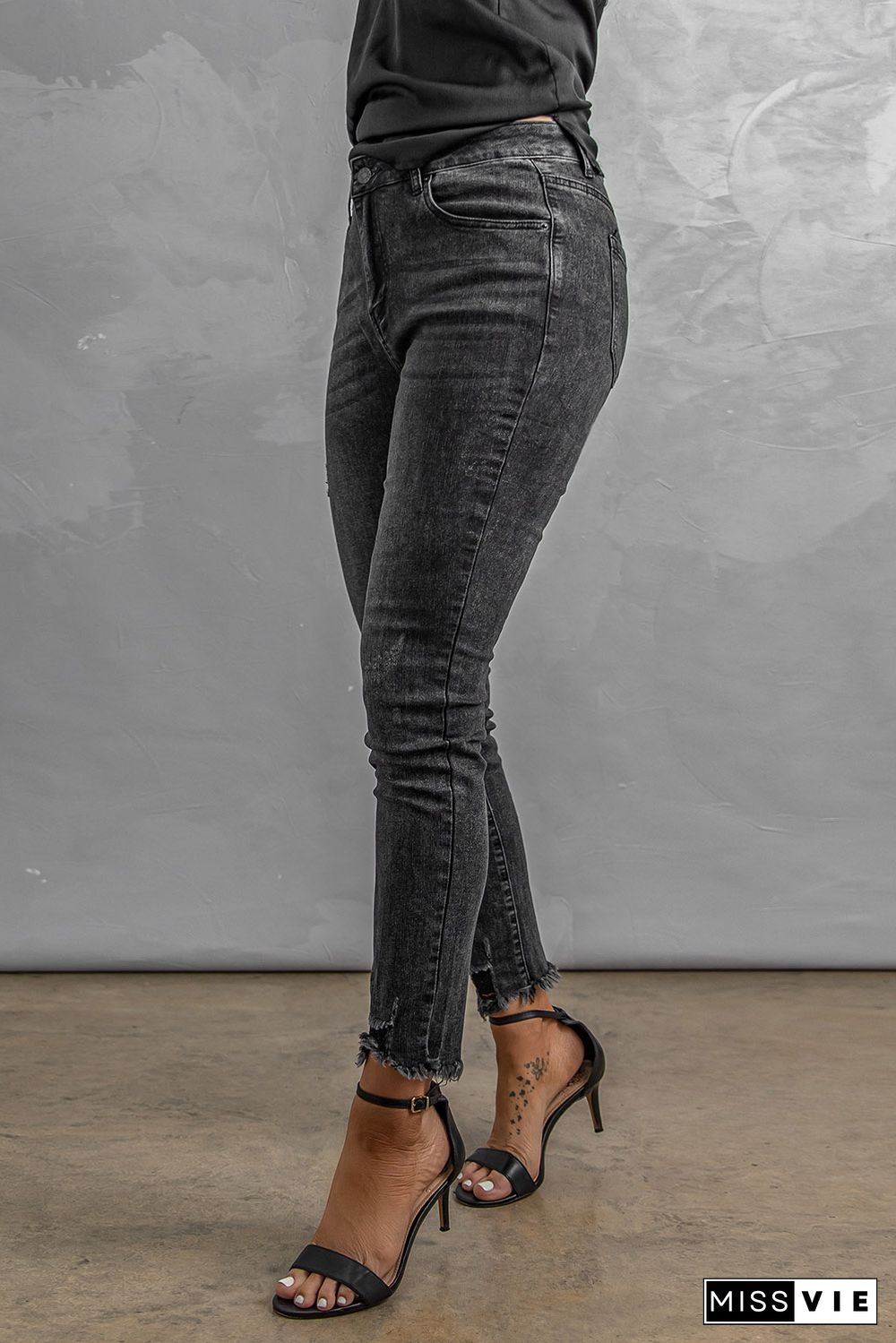 High Rise Frayed Ankle Skinny Jeans