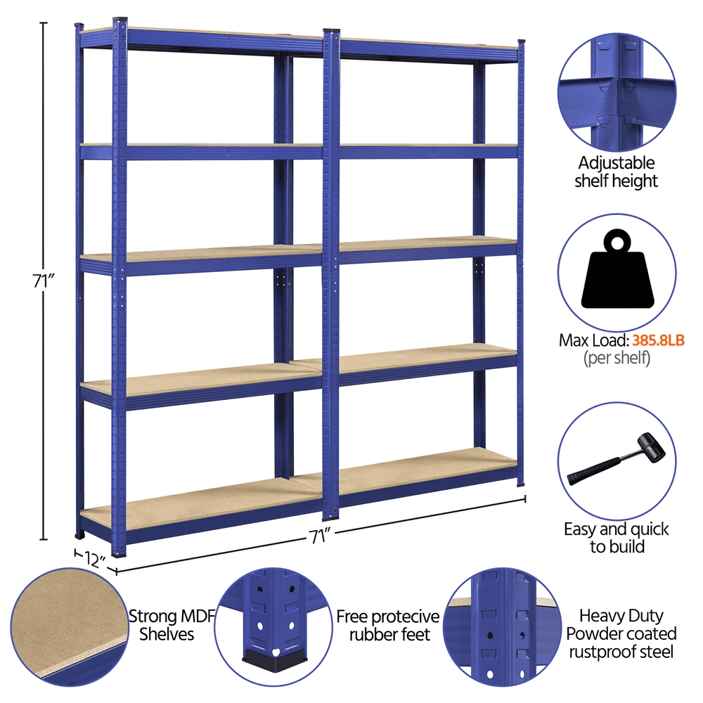 SMILE MART 2pcs 5 Tiers Adjustable Metal Storage Shelf Units Boltless for Home Garage, Blue