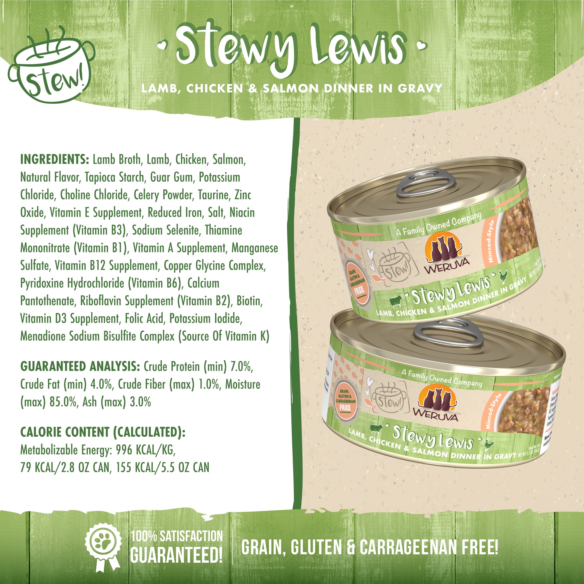 Weruva Stew! Stewy Lewis Lamb， Chicken  Salmon Dinner in Gravy Wet Cat Food， 2.8 oz.， Case of 12