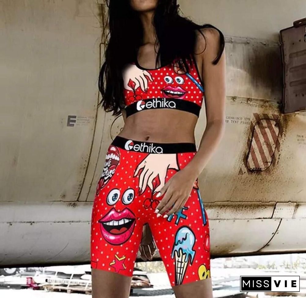 Casual Cartoon Lips Fashion Tank Top Two Piece Set