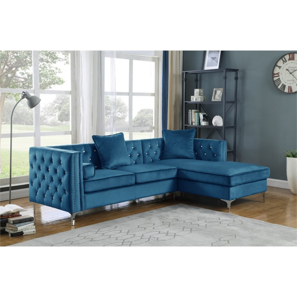 Teal Blue Velvet Upholstered Sectional with Storage and Faux Crystal Tufts   Midcentury   Sectional Sofas   by Homesquare  Houzz