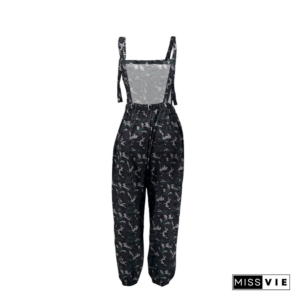 Camo Print Backless Suspenders Cargo Jumpsuits