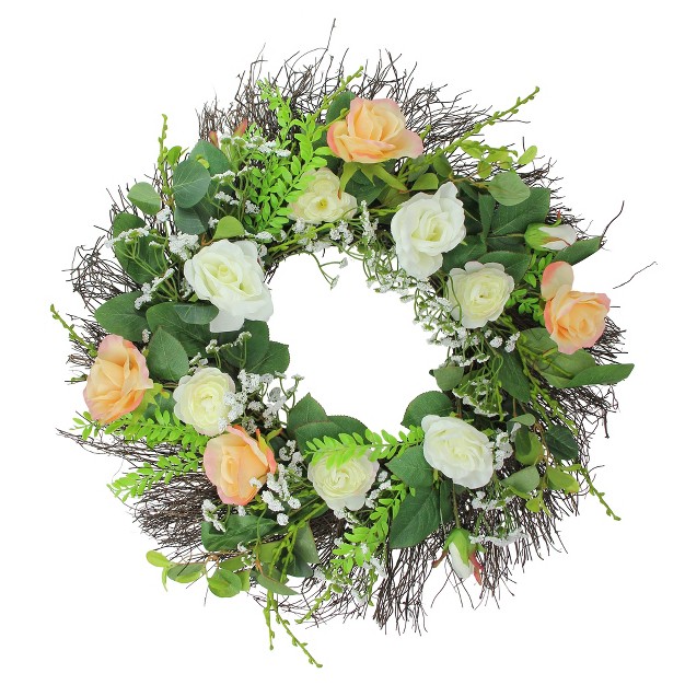 Northlight Rose And Foliage Artificial Spring Wreath 24 inch Unlit