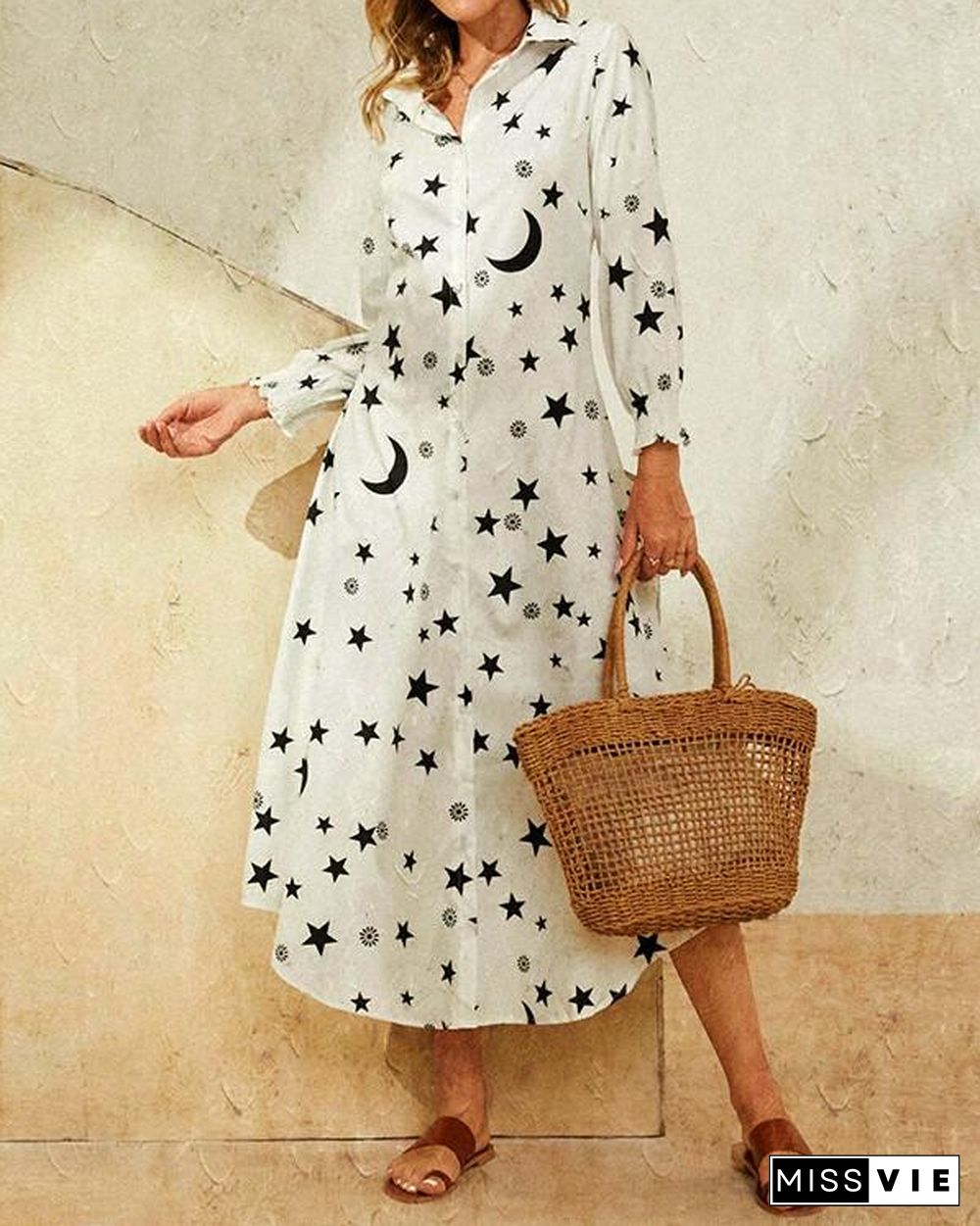 Leaves Print Lapel Button Long Sleeve Maxi Shirt Dress