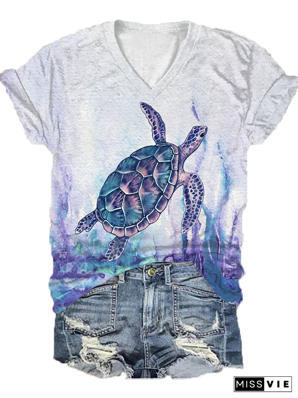 Women's Water Color Sea Turtle Print V-Neck Tee