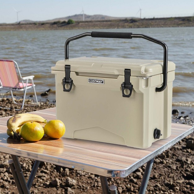 Costway 25 Qt Portable Cooler Rotomolded Ice Chest Insulated Ice Box For 5 7 Days Charcoal tan