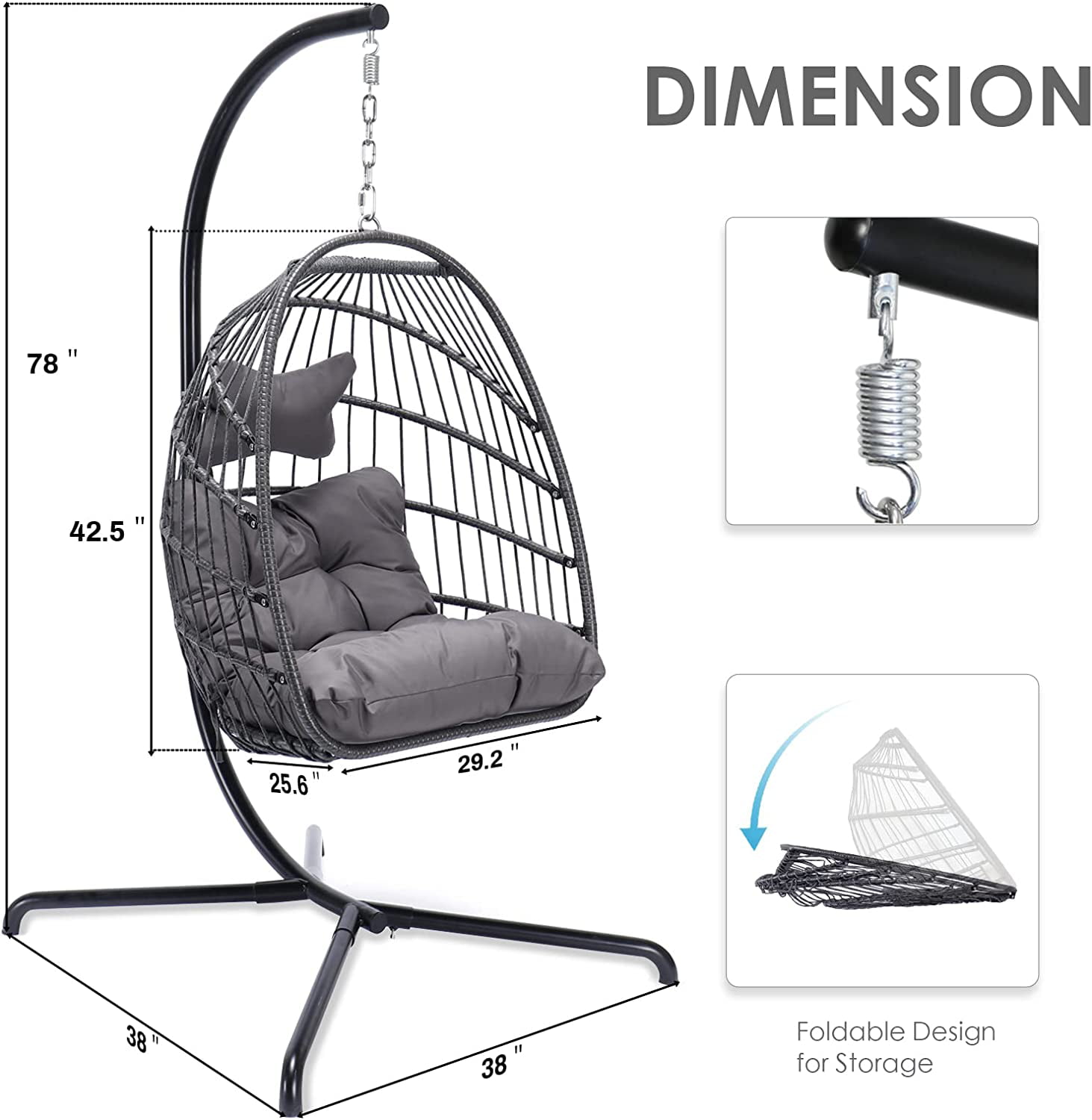 Nicesoul Swing Egg Chair Wicker Hanging Chair With Stand Color Dark Grey Maximum Weight 350lbs