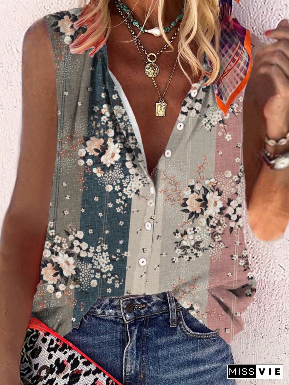 Casual Floral Sleeveless Plus Size Printed Blouses