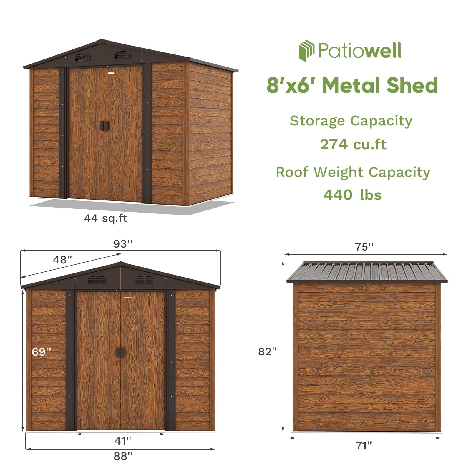 Patiowell luxurious 8 x 6 FT Wood Look Storage Shed for Outdoor, Steel Yard Shed with Design of Lockable Doors, Brown