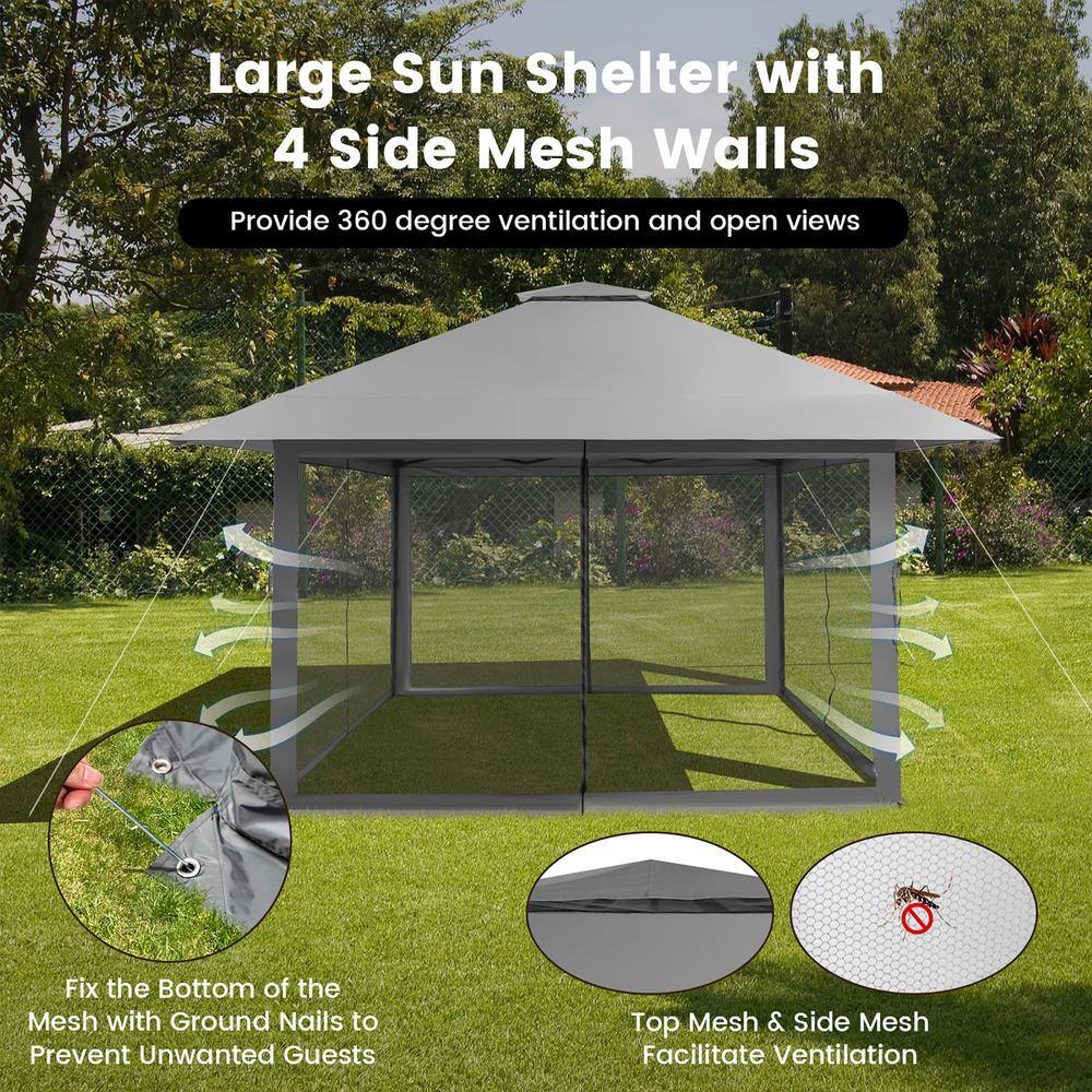 Costway 13 ft. x 13 ft. Grey Pop-Up Instant Canopy Tent Mesh Sidewall UV50 Plus Adjust Outdoor Patio NP10828GR