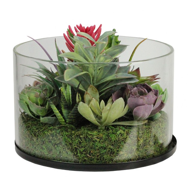 Mixed Succulent Artificial Arrangement In Round Glass Jar - Green/pink