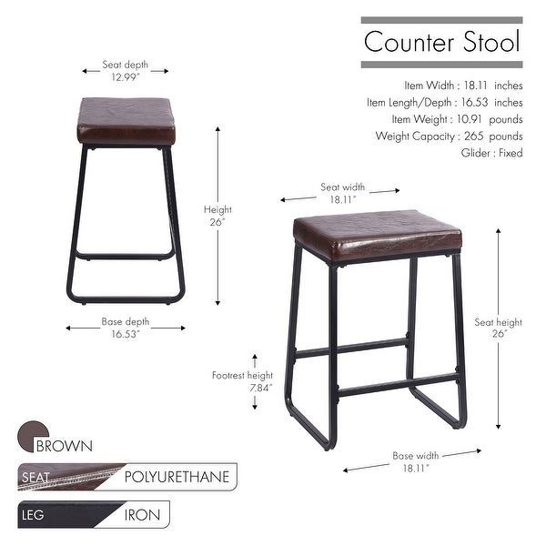 Porthos Home Selma Counter Stools Set of 2， PU Leather， Iron Legs