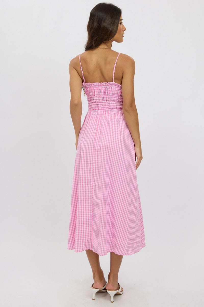 Pink Check Midi Dress Ribbon Detail Strappy