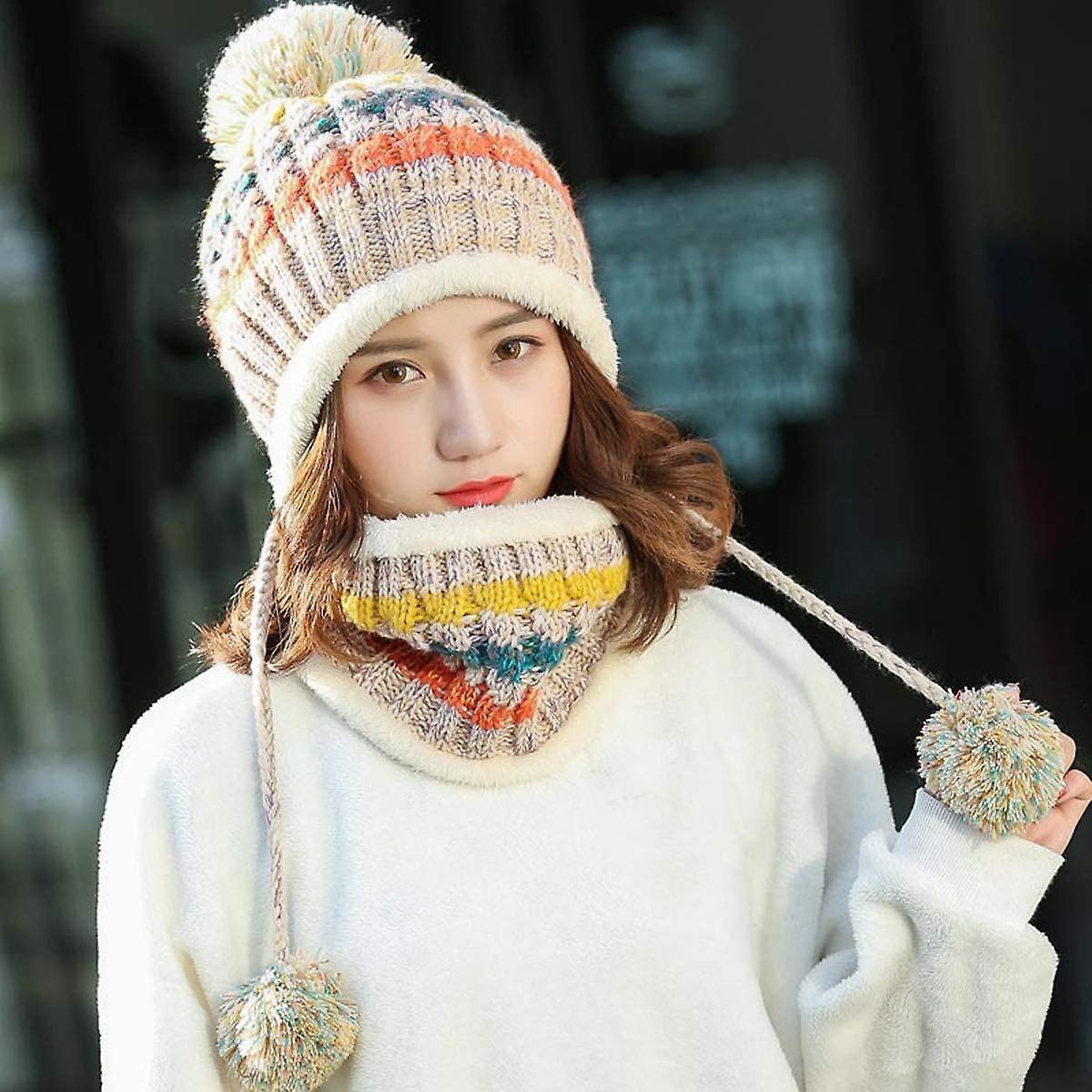 Women Winter Beanie Hat Peruvian Circle Scarf Set Ski Ear Flaps Caps Dual Layered Fleece Lined Pompoms A5-m8771-beige -