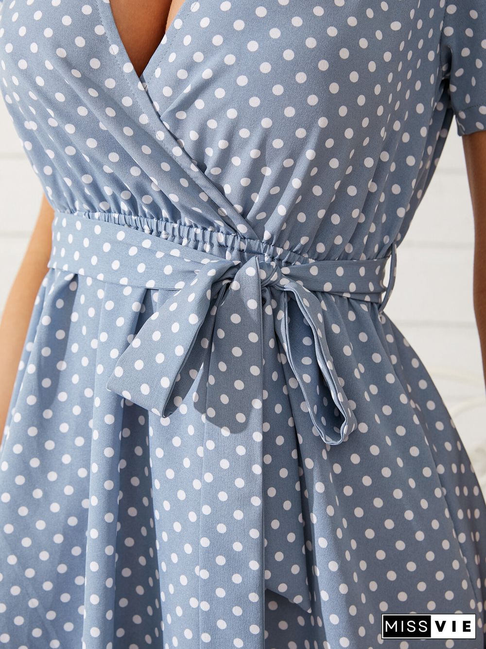 Polka Dot Belt Design V-neck Short Sleeves Mini Dress