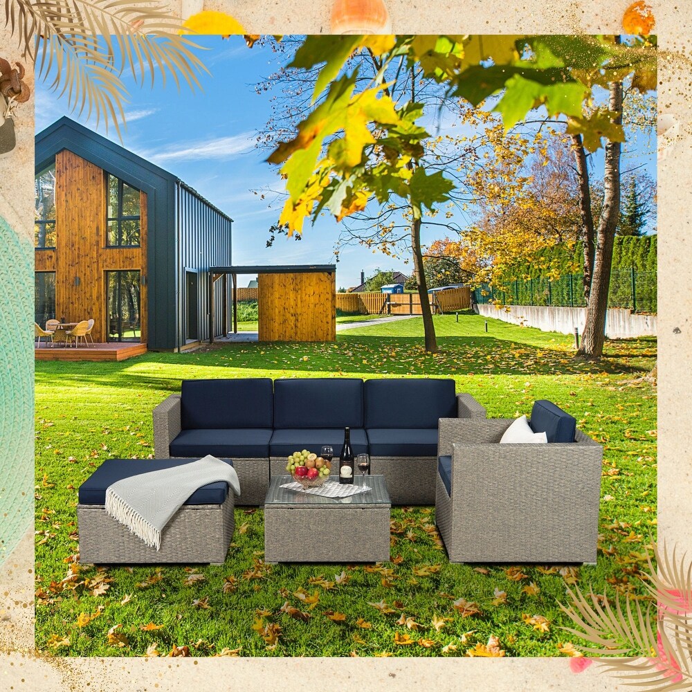 6 piece Patio Furniture Sets Outdoor Sectional Sofa Rattan Chair Wicker Conversation Set with Glass Coffee Table 1 Pillows