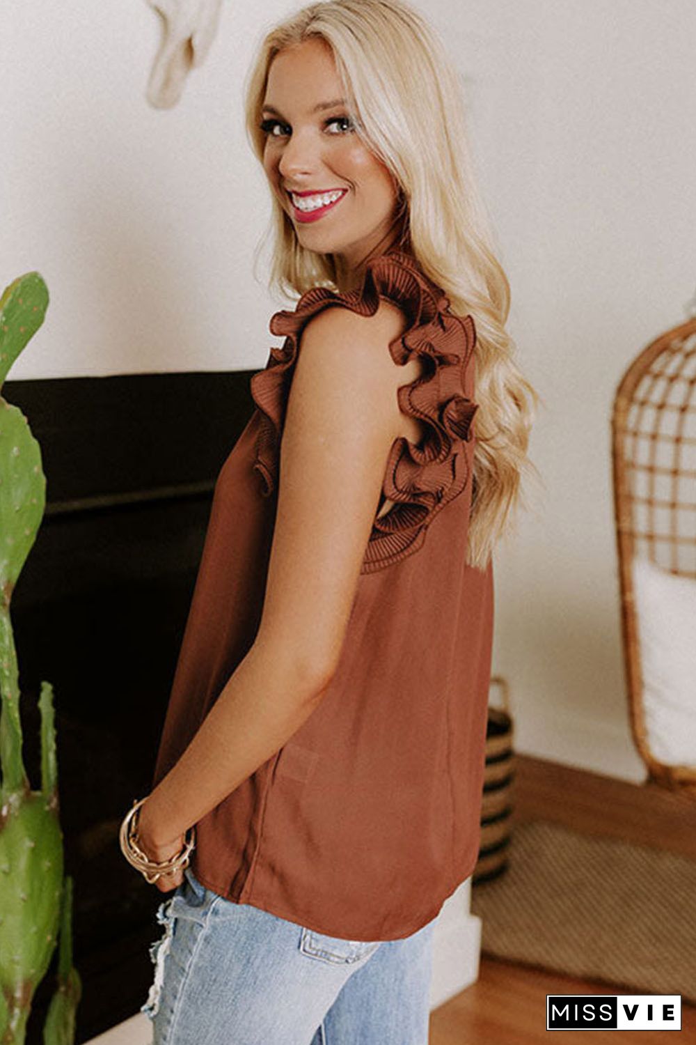 Brown Ruffles Armhole Tank Top