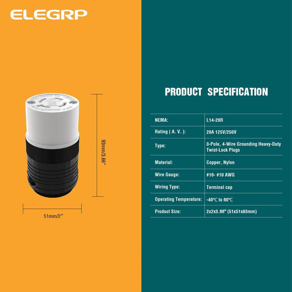 ELEGRP 20 Amp 125250-Volt NEMA L14-20R Locking Connector Industrial Grade Grounding Heavy-Duty BlackWhite L1420C