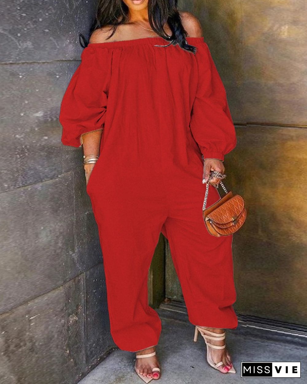 Off Shoulder Solid Lantern Sleeve Jumpsuit