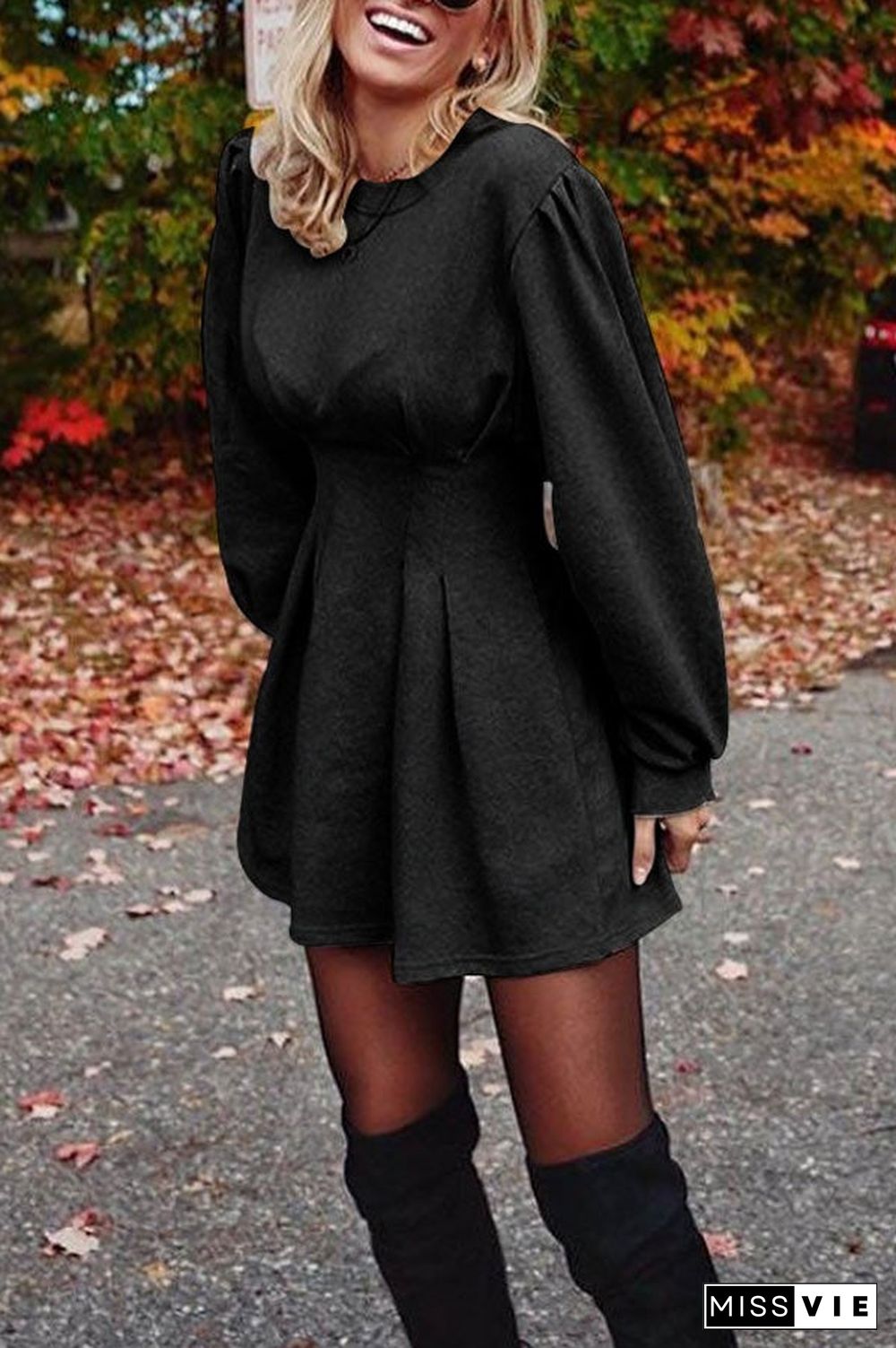 Fashion Long Sleeve Pleated Dress