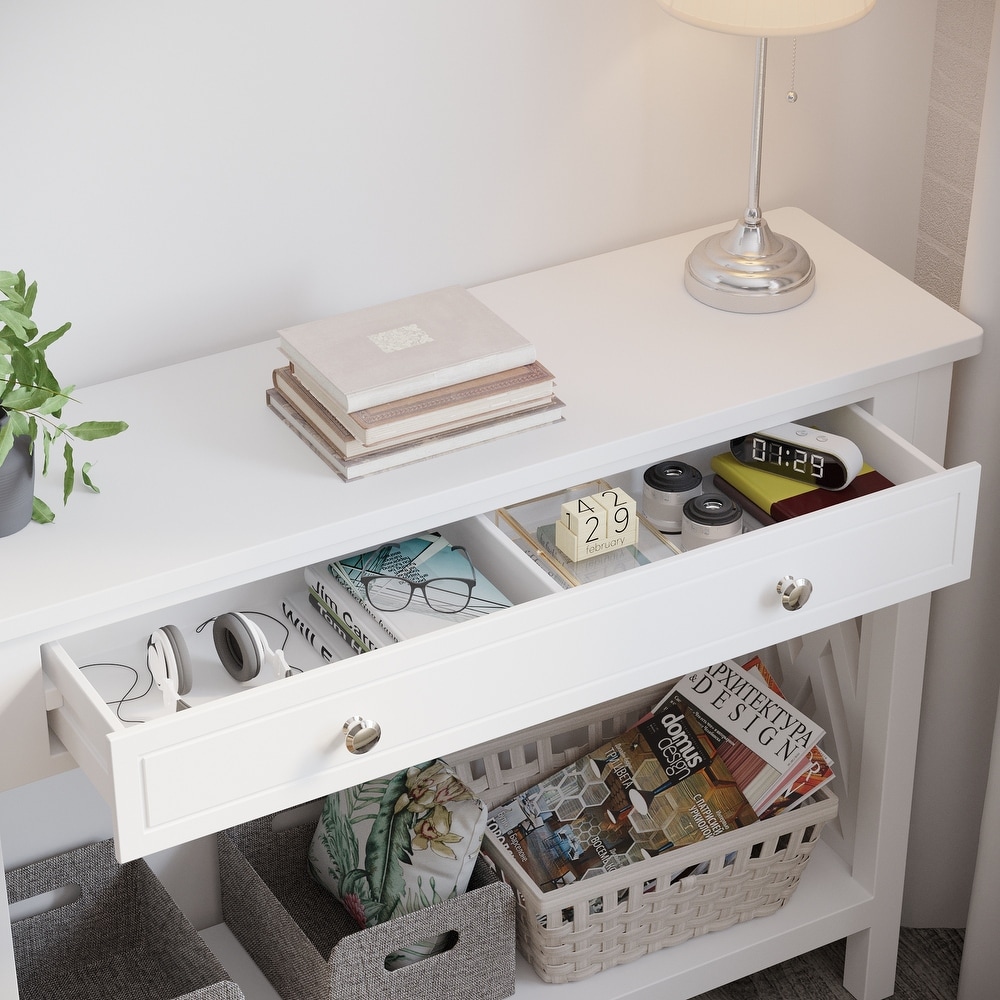 Wood Console Table Entryway Table with Drawer and Shelf  White