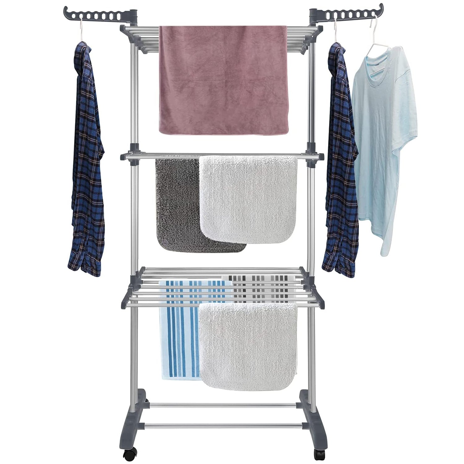 Bigzzia 3 Tiers Clothing Drying Rack,Stainless Steel Shoe Rack with Casters,Shelf for Storage,Stainless Steel Hanging Rods,Removable Drying Rack for Indoor and Outdoor Use,Gray.