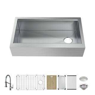 Glacier Bay Professional 33 in. FarmhouseApron-Front 16G Stainless Steel Single Bowl Workstation Kitchen Sink Spring Neck Faucet FSU1ZAS3321B1SA