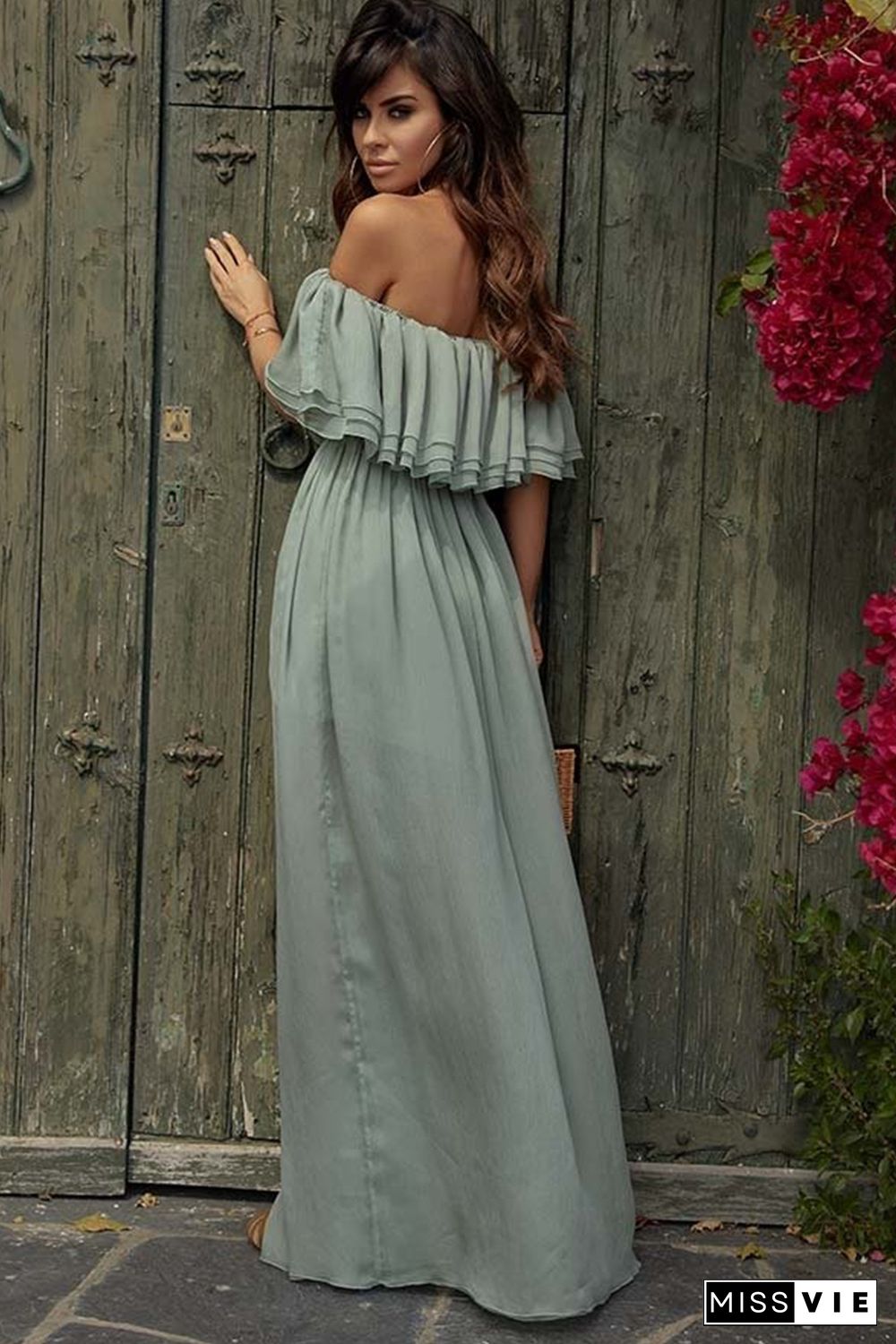 Off-the-shoulder Ruffled Maxi Dress with Split