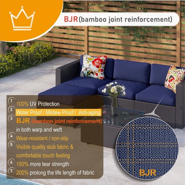 4-Piece Patio Outdoor Furniture Sectional Sofa Set All-Weather Wicker Rattan with Navy Blue Cushions - Overstock - 32039497