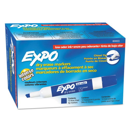 EXPO Low-Odor Dry-Erase Marker， Broad Chisel Tip， Blue， Dozen (80003)