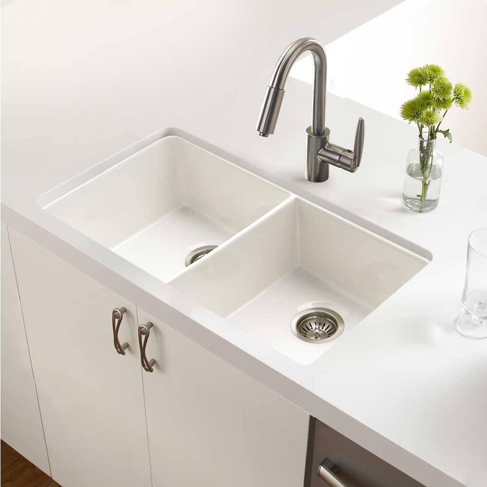 HOUZER Platus Undermount Fireclay 32 in. 5050 Double Bowl Kitchen Sink in Biscuit PTU-3200 BQ