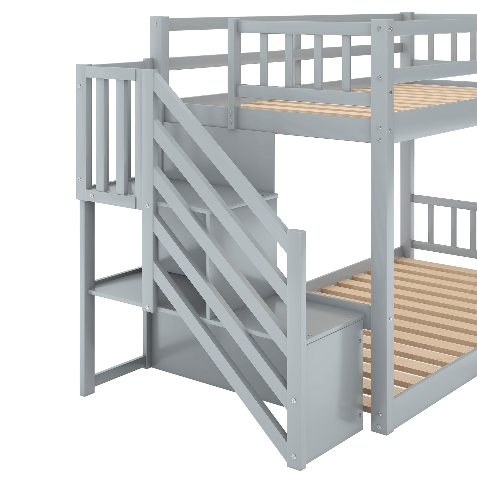 Euroco Wood Twin Over Twin Floor Bunk Bed with Stairs for Kids Room, Gray