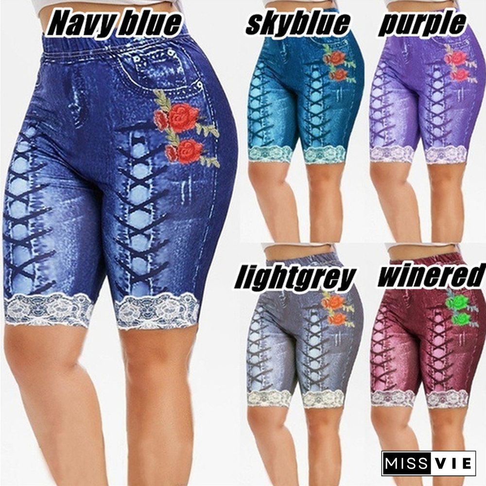 Women's Fashion Plus Size 3D Floral Print Capri Jeggings Denim Leggings Pants