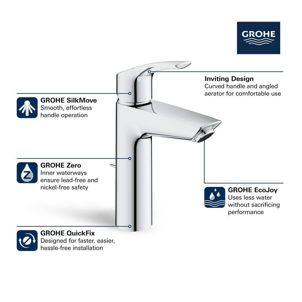 GROHE Eurosmart Single Handle Single Hole Medium Bathroom Faucet in StarLight Chrome 23990003