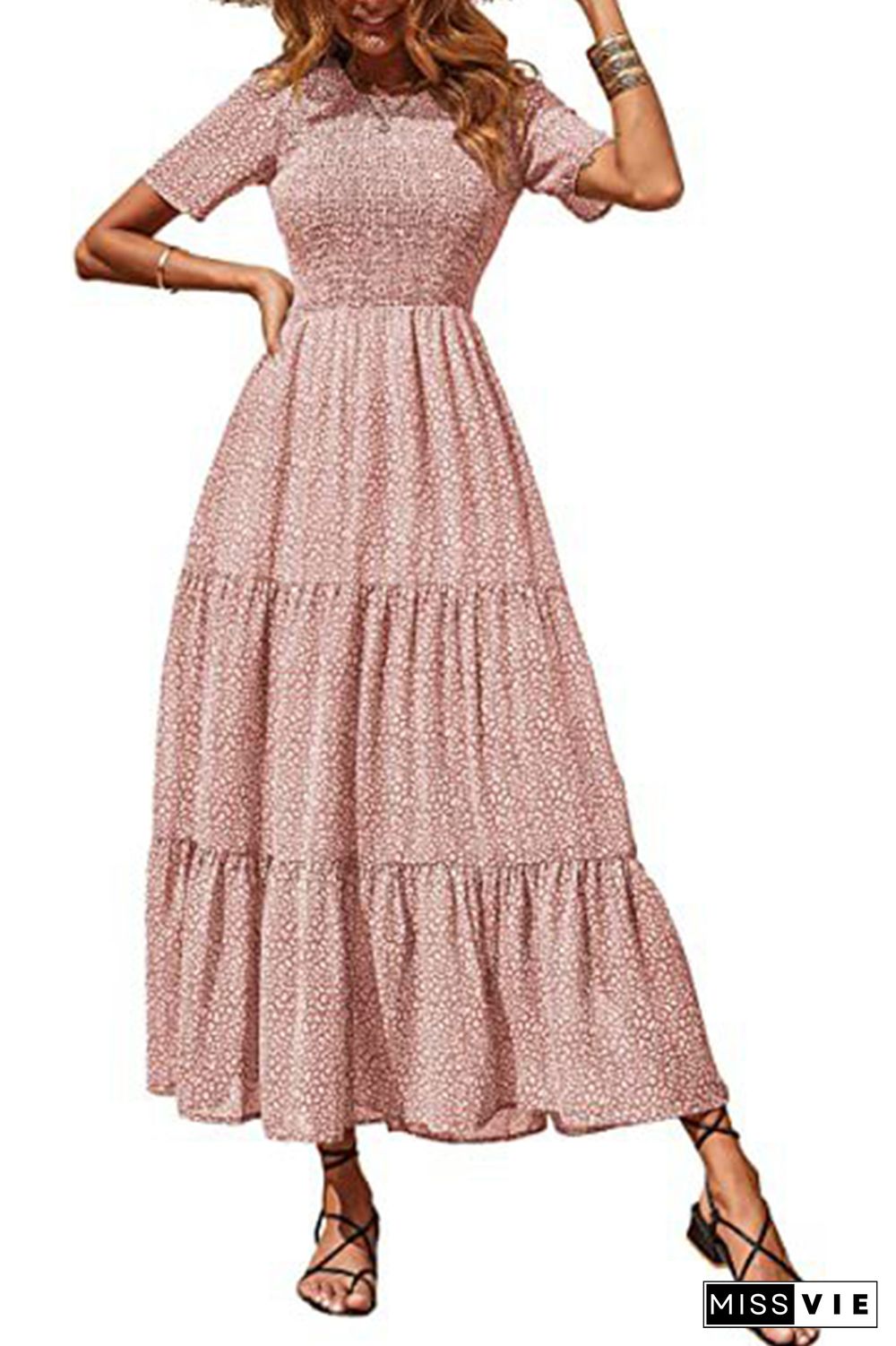 Floral Print Short Sleeve O Neck Long Dress Wholesale