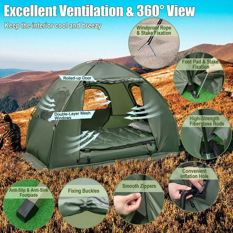 5-in-1 Off-Ground Tent Cot 1-Person Foldable Camping Bed Tent with Awning, Air Mattress, Sleeping Bag, Carrying Bag