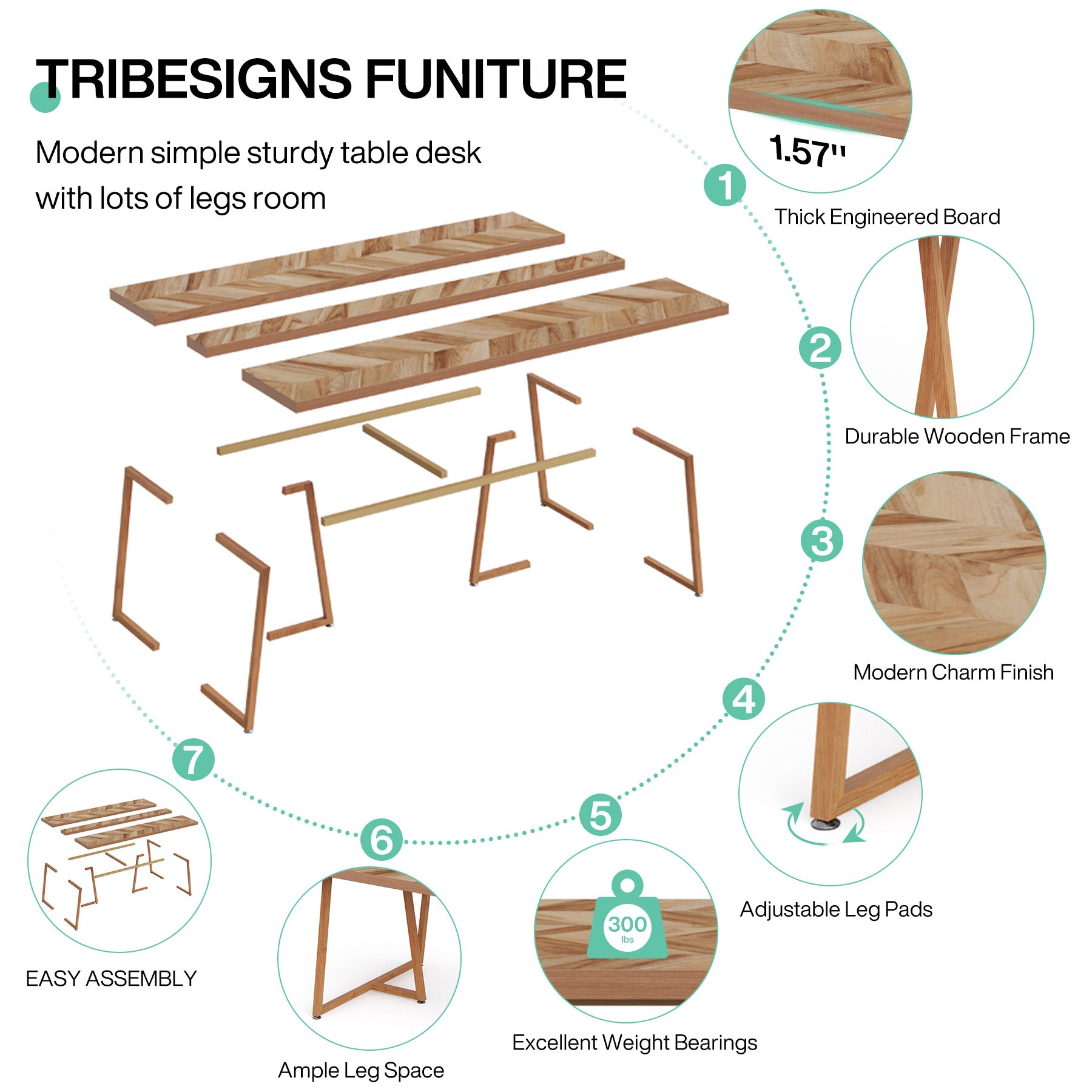 Farmhouse Dining Table for 6 to 8, 70.9 Rectangular Wood Kitchen Table