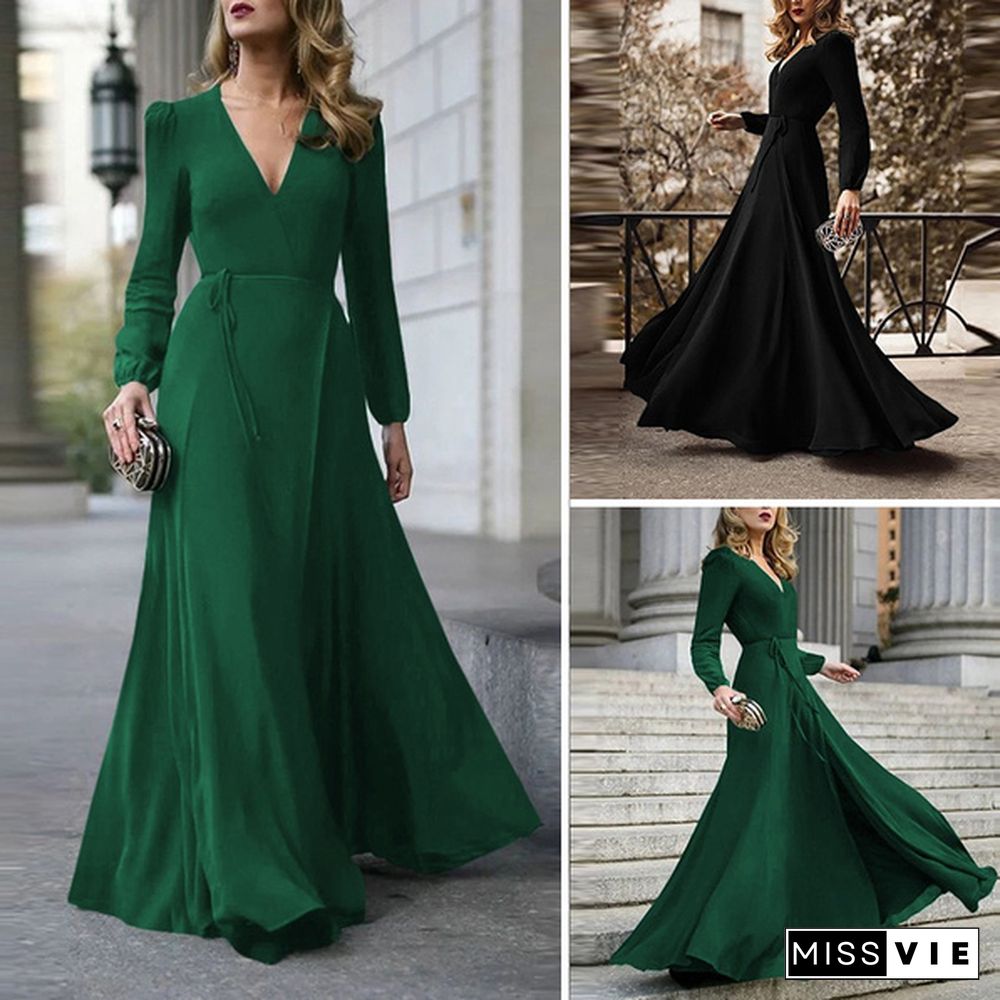 ZANZEA Autumn Long Sleeve Maxi Dresses Women Sexy Deep V Neck Bohemian Party Wedding Dress