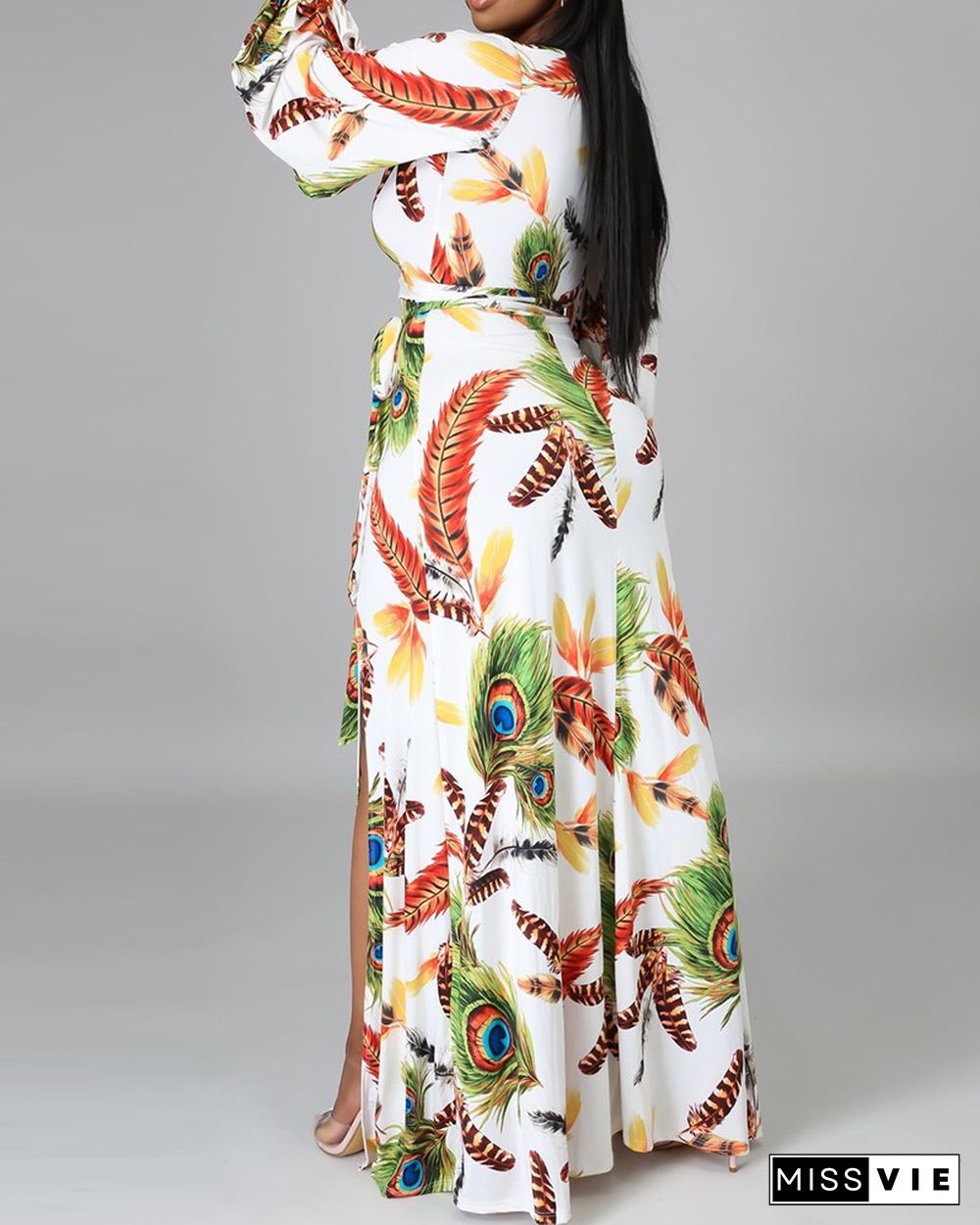 Tropical Print Long Sleeve High Slit Maxi Dress