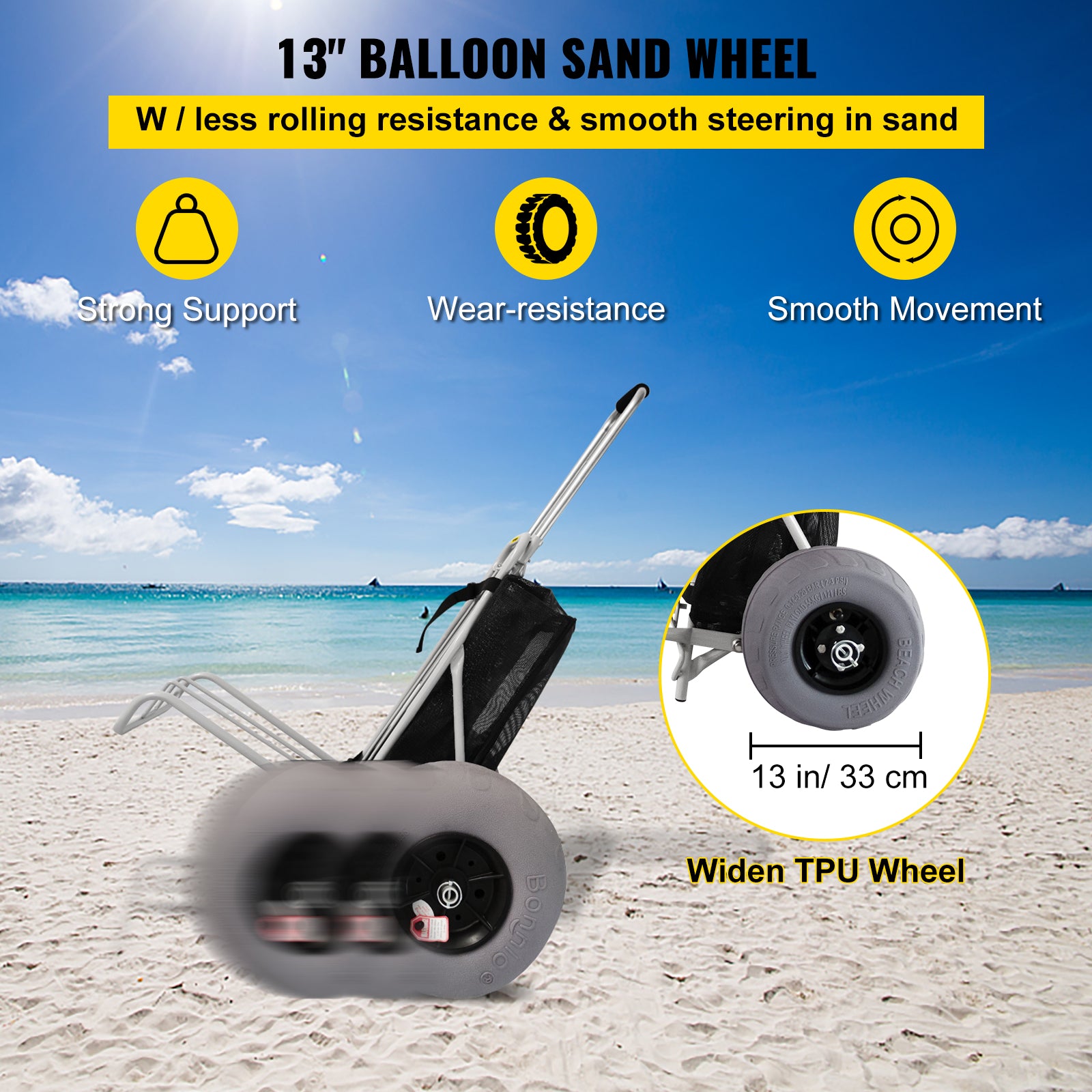 VEVOR Beach Carts&nbsp;for the Sand, w/ 12" TPU Balloon Wheels, 165Lbs Loading Capacity Folding Sand Cart & 29.5'' to 49.2'' Adjustable Height, Heavy Duty Cart for Picnic, Fishing, Beach