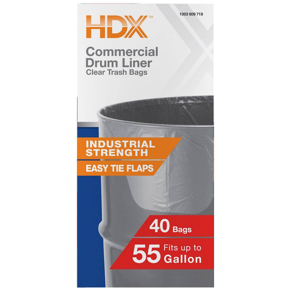 HDX 55 Gal. Clear Heavy-Duty Flap Tie Drum Liner Trash Bags (320-Count) Eight 40-Count Boxes HD55WC040C-8PK