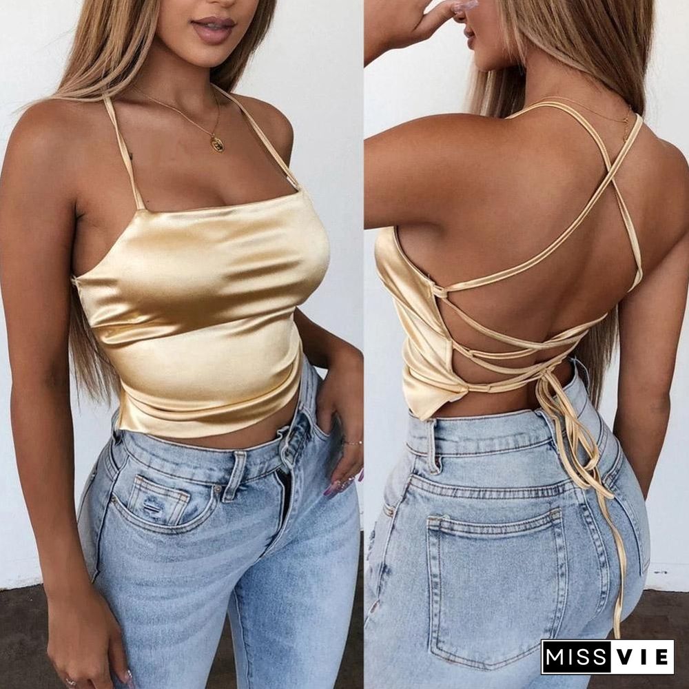 High Quality New Fashion Women Sexy Style Satin Silk Backless Back Bandage Vest Blouse Tops Strappy Summer Beach Cami Tank