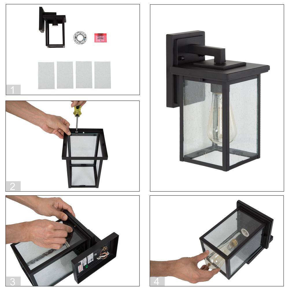 LNC 1-Light Matte Black Modern Outdoor Wall Lantern Sconce with Clear Seeded Glass Shade EYURAJHD1412097